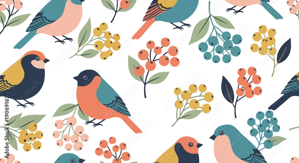 Fototapeta premium Seamless birds and berries pattern vector clipart, colorful retro style decorative illustration