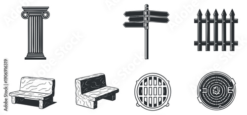 A collection of hand-drawn spray bottles with various designs in black and white outline style, perfect for cosmetic branding and packaging