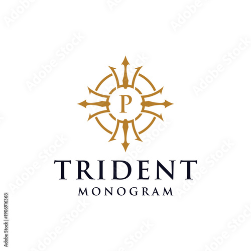 Initial Letter P Circular Trident Neptune God Poseidon King Logo Design Vector Template