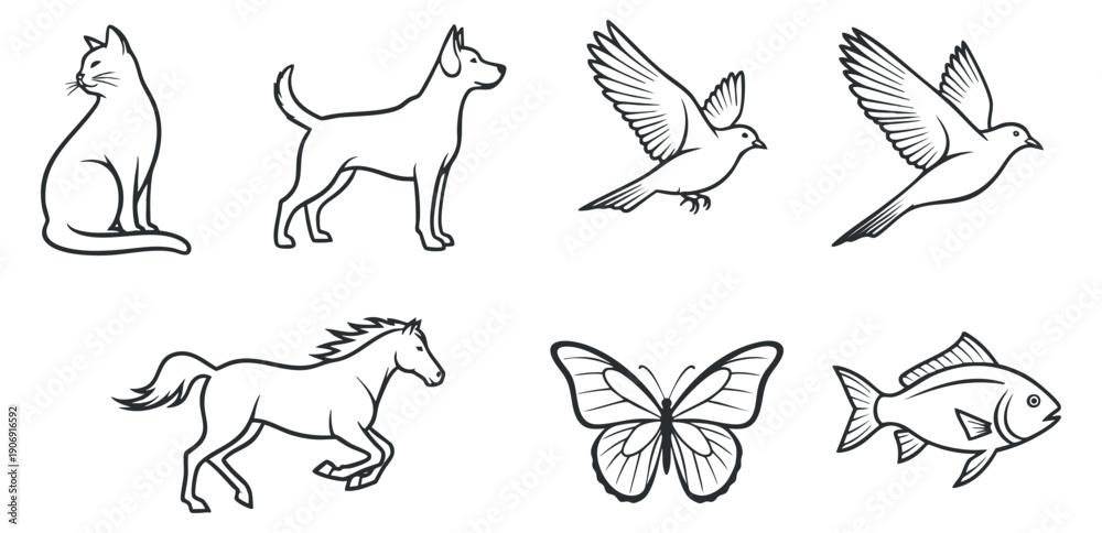 Fototapeta premium A collection of educational and literary icons including open books, graduation cap, and research symbols in minimalist outline vector style, suitable for academic and library themes