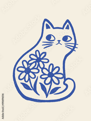 Floral cat doodle hand drawn vector illustration