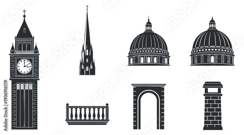 A collection of travel map icons featuring airplanes, landmarks, and navigation symbols in black and white vector style, suitable for travel-themed designs