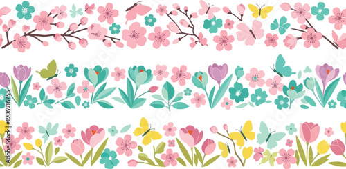 Spring floral border vector clipart with cherry blossoms, tulips, butterflies and pastel flowers