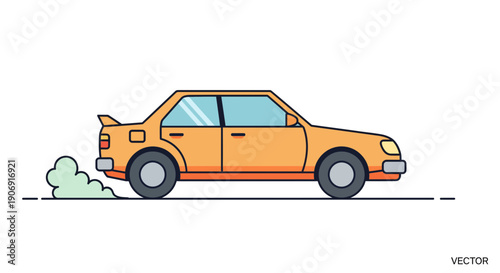 Orange sedan car illustration with smoke trail driving on the road side view.
