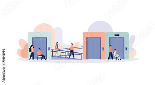 People using elevators and ramps for accessibility and convenience in a building.