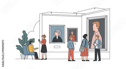 People viewing portraits in a museum appreciating art and culture.