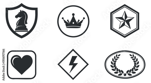 A collection of outline icons including a key, lock, shield, tree, lightbulb, book, mountains, and compass in a black and white minimalist vector style, suitable for design and educational projects