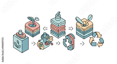 Recycling process illustration showing transformation of plastic bottles into new products.
