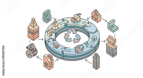 Recycling process illustration showing the circular economy and waste management.
