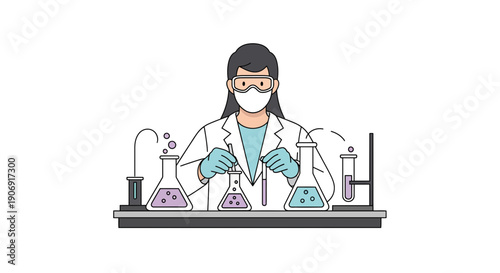 Scientist in a lab coat conducting experiments with beakers and test tubes.
