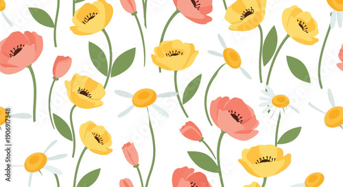 Seamless floral vector clipart pattern with yellow and pink flowers, spring botanical background