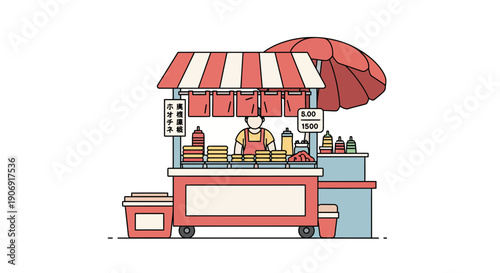 Street food vendor selling delicious snacks under a striped awning with an umbrella.