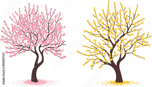 Spring flowering tree illustration set, pink cherry blossom and yellow forsythia trees, seasonal nature vector, isolated botanical design elements collection garden decor