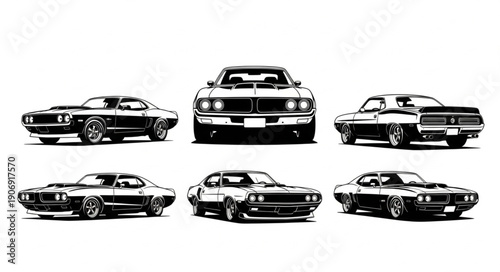 Collection of Vintage American Muscle Cars in Black and White.
