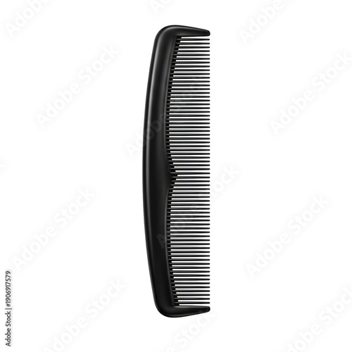 A black wide-tooth comb stands vertically on a white background in a studio setting from a frontal viewpoint