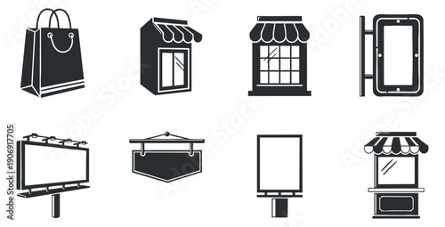 A collection of various condiment bottles including sauces in black and white vector style, suitable for food packaging and branding