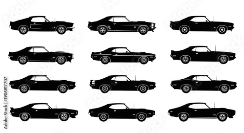 Collection of Vintage American Muscle Cars Silhouettes.