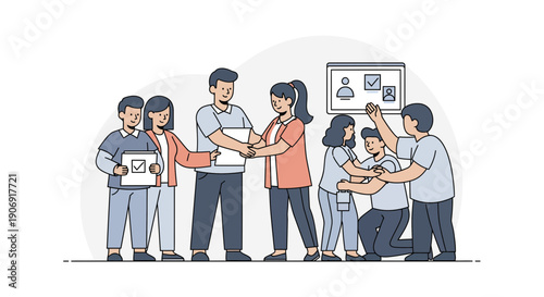 Teamwork and collaboration among diverse individuals in a professional setting.