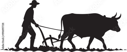 Black silhouette of a farmer plowing a field with an ox in traditional rural style