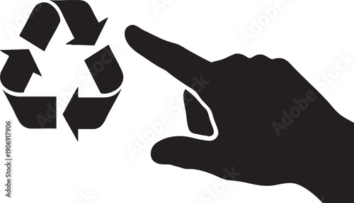 Black Silhouette of a Hand Pointing to a Recycling Symbol on White Background