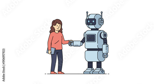 Woman and robot shaking hands symbolizing collaboration and partnership in technology.