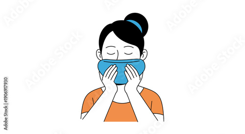 Woman holding a blue compress on her face with eyes closed feeling relief.