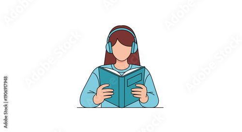Woman immersed in reading a book while wearing headphones enjoying audio content.