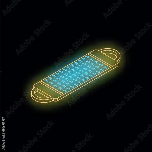 Bright neon grater glowing on dark background, isometric view of kitchen utensil icon