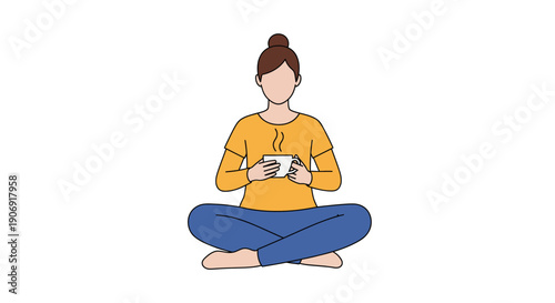 Woman in lotus position holding a cup of coffee enjoying a moment of peace.