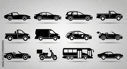 Collection of various vehicle silhouettes on a grey background.
