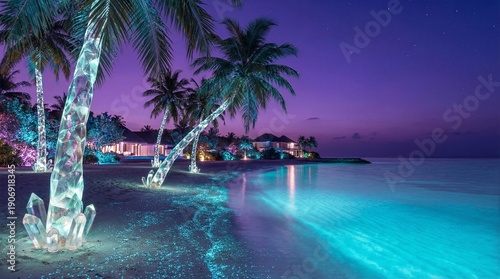 A luxury tropical resort swimming pool at night surrounded by palm trees under a paradise sky offers a peaceful summer vacation and relaxation