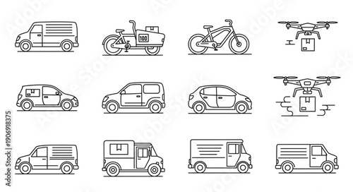 Collection of various vehicles and delivery drones in line art style.