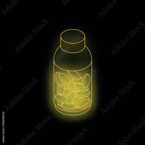 Isometric view of glowing yellow neon medical pill bottle containing pills on black background