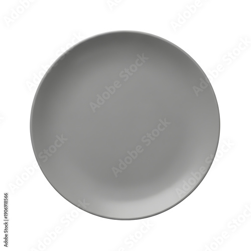 A gray plate is centered on a white background viewed from directly above in a minimalist studio setting with soft lighting