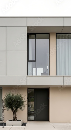 Modern house exterior with tree.