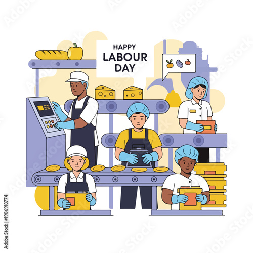 Illustration of a food production line celebrating Labour Day, showing workers