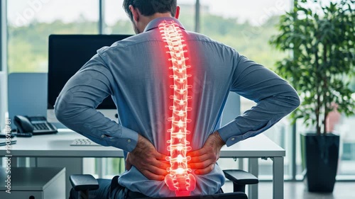 Office worker suffering lower back pain with highlighted spine discomfort from poor posture at desk.