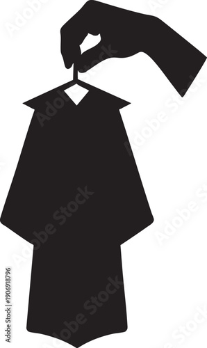 Black Silhouette of Hand Holding Graduation Gown Isolated on White Background