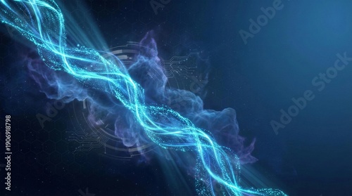 An abstract motion design of blue fractal smoke waves and electric lightning energy flowing through a dark black space backdrop with a glowing light texture illustration
