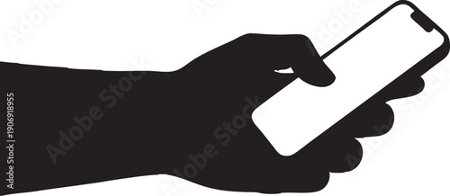 Black Silhouette of Hand Holding Smartphone Using Mobile App Technology Isolated on White Background