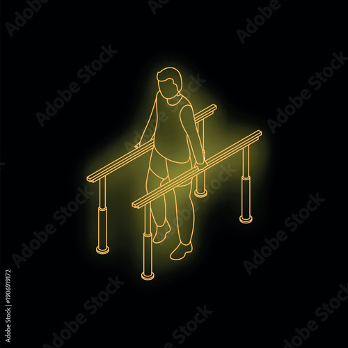 Patient walking using parallel bars during physiotherapy session, isometric rehabilitation and healthcare concept