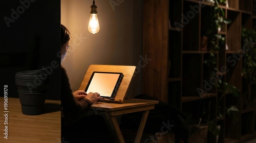 Cozy Corner: Focused individual working from a home office, bathed in soft light, embracing productivity and mindful moments.
