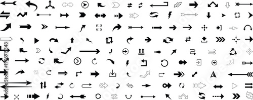 A simple black arrow icon collection design depicts multiple directional navigation symbols in various shapes representing UI interface guidance, pointer movement, and modern digital wayfinding concep