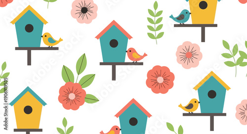 Spring birdhouse seamless pattern vector clipart with flowers, leaves, and cute birds