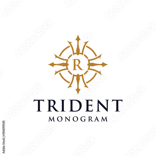Initial Letter  R Circular Trident Neptune God Poseidon King Logo Design Vector Template
