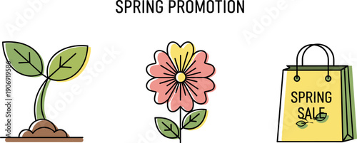 Spring promotion icons featuring a seedling, flower, and shopping bag with sale text