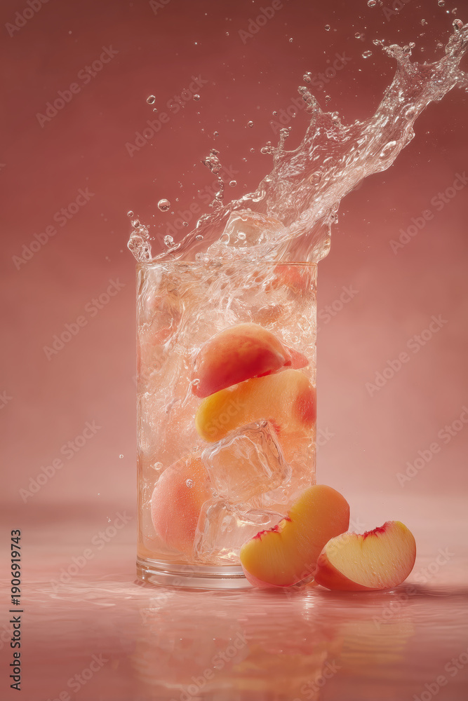 Fototapeta premium Refreshing peach iced tea splash with mint in glass, summer drink concept for menus and beverage ads.