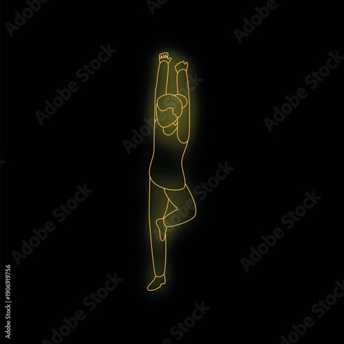 Neon yellow line art of a young man hanging and raising arms, representing concepts such as effort, achievement and freedom