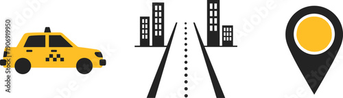 Yellow taxi car, road with buildings, and map pin location icon on white background