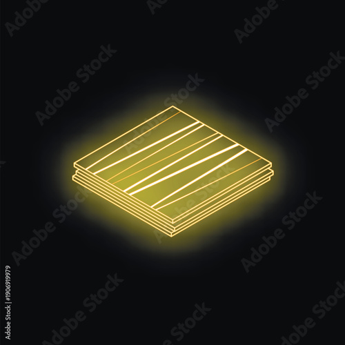 Glowing neon yellow stack of laminate flooring with wood texture hovering on black background, representing home renovation, interior design, and construction materials